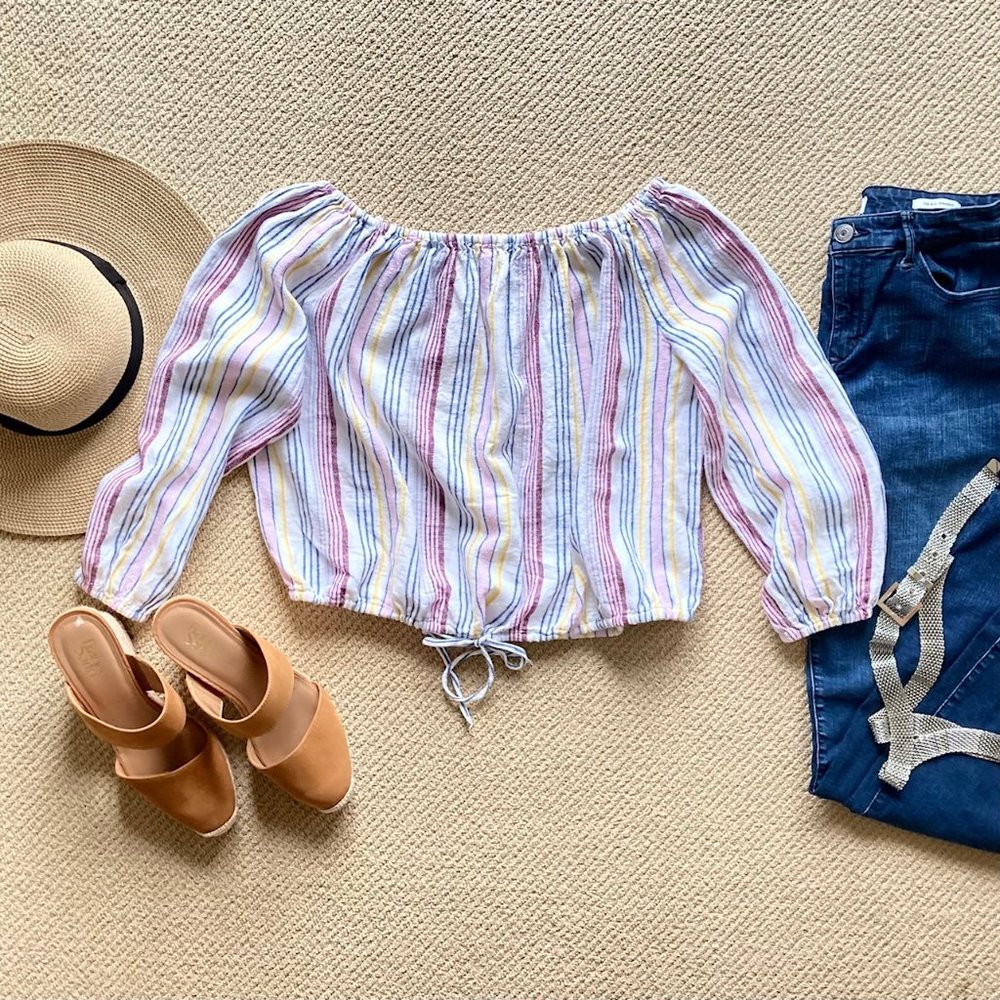 GAP Off-the-Shoulder Red Yellow Blue Striped Linen Blend Top XS Long Sleeve
